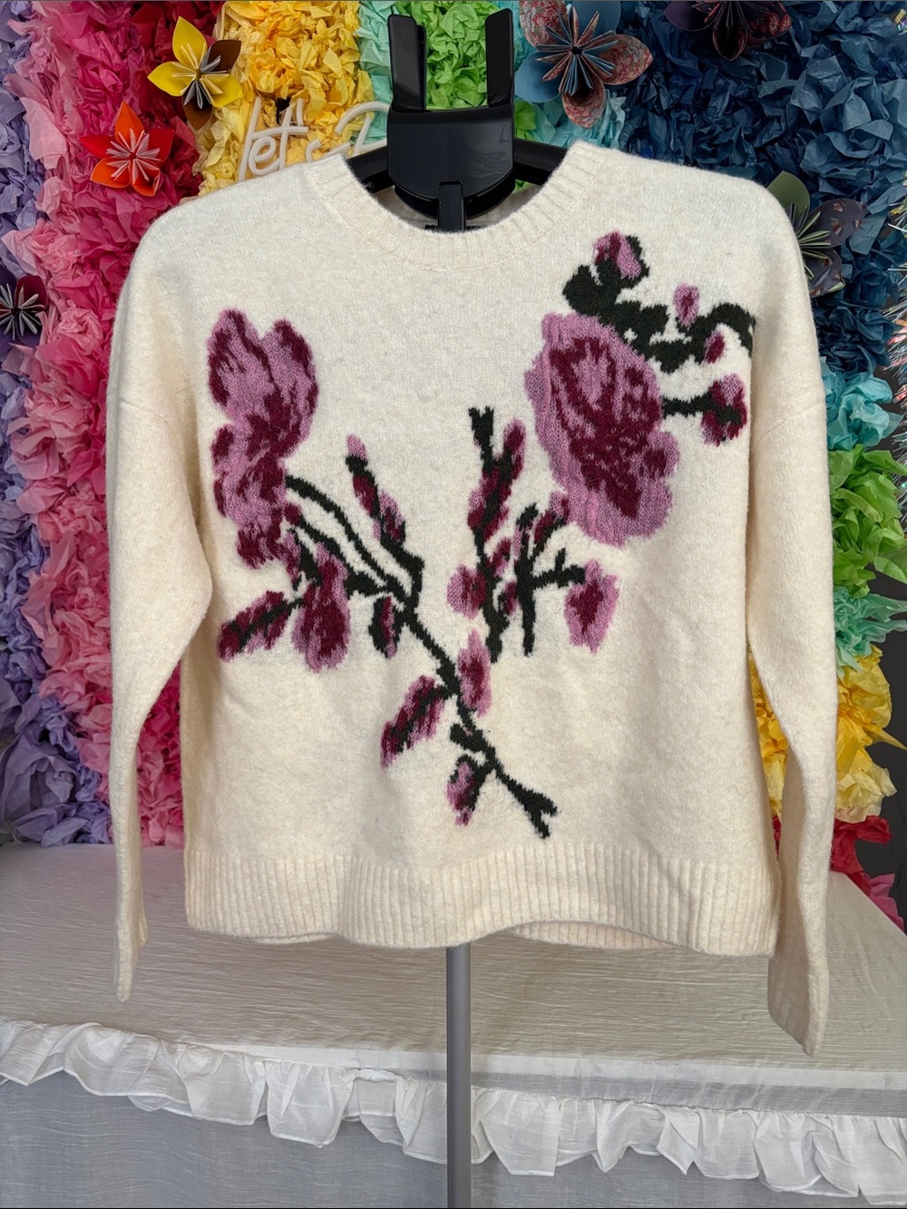 Ted Baker Cream Floral Crewneck Sweater with Pink Rose Motif